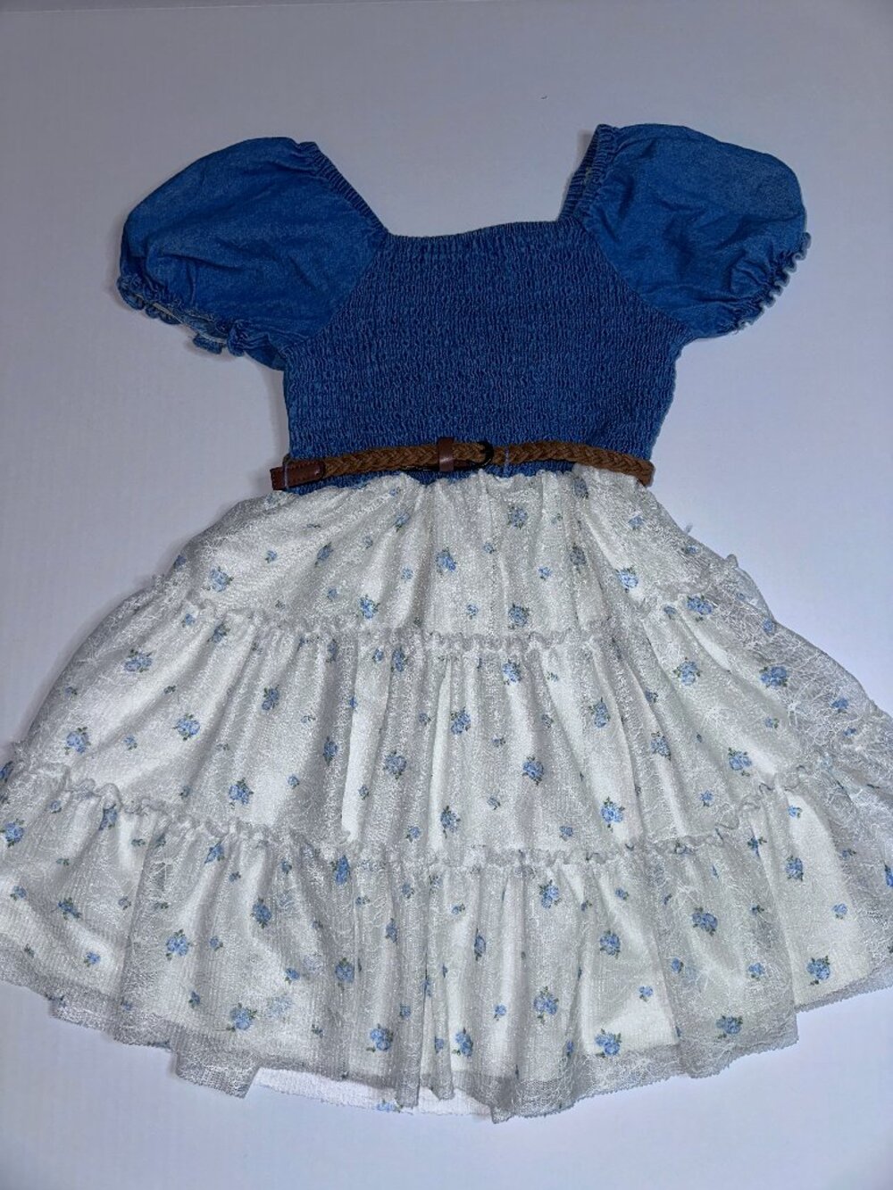 Zunie Girls S 7/8 Blue Smocked Lace Floral Dress Puff Sleeve Belt Boho #605